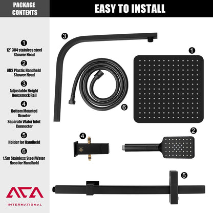 ACA International 12" Ultrathin Rainfall High Pressure Shower Head Square Shower Rail Set 3-Mode Handheld Shower Set Rail Diverter (Black)