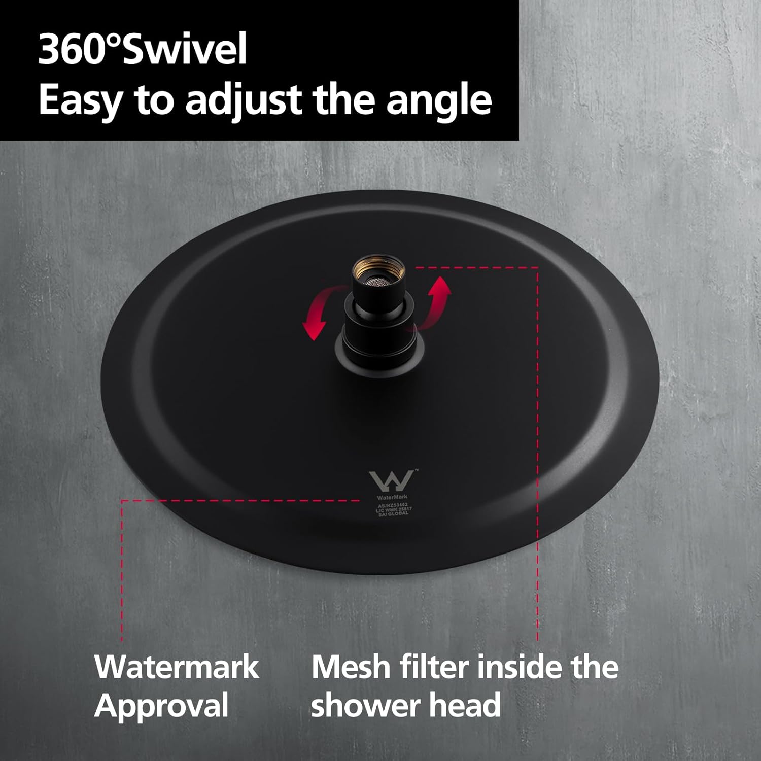 ACA International High Pressure 10'' Large Shower Head Round Overhead 304 Stainless Steel Adjustable Ultra-Thin Rain Shower Head 250x250mm WELS (Black)