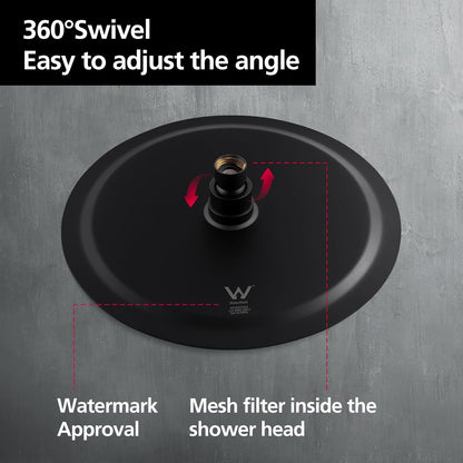 ACA International High Pressure 10'' Large Shower Head Round Overhead 304 Stainless Steel Adjustable Ultra-Thin Rain Shower Head 250x250mm WELS (Black)