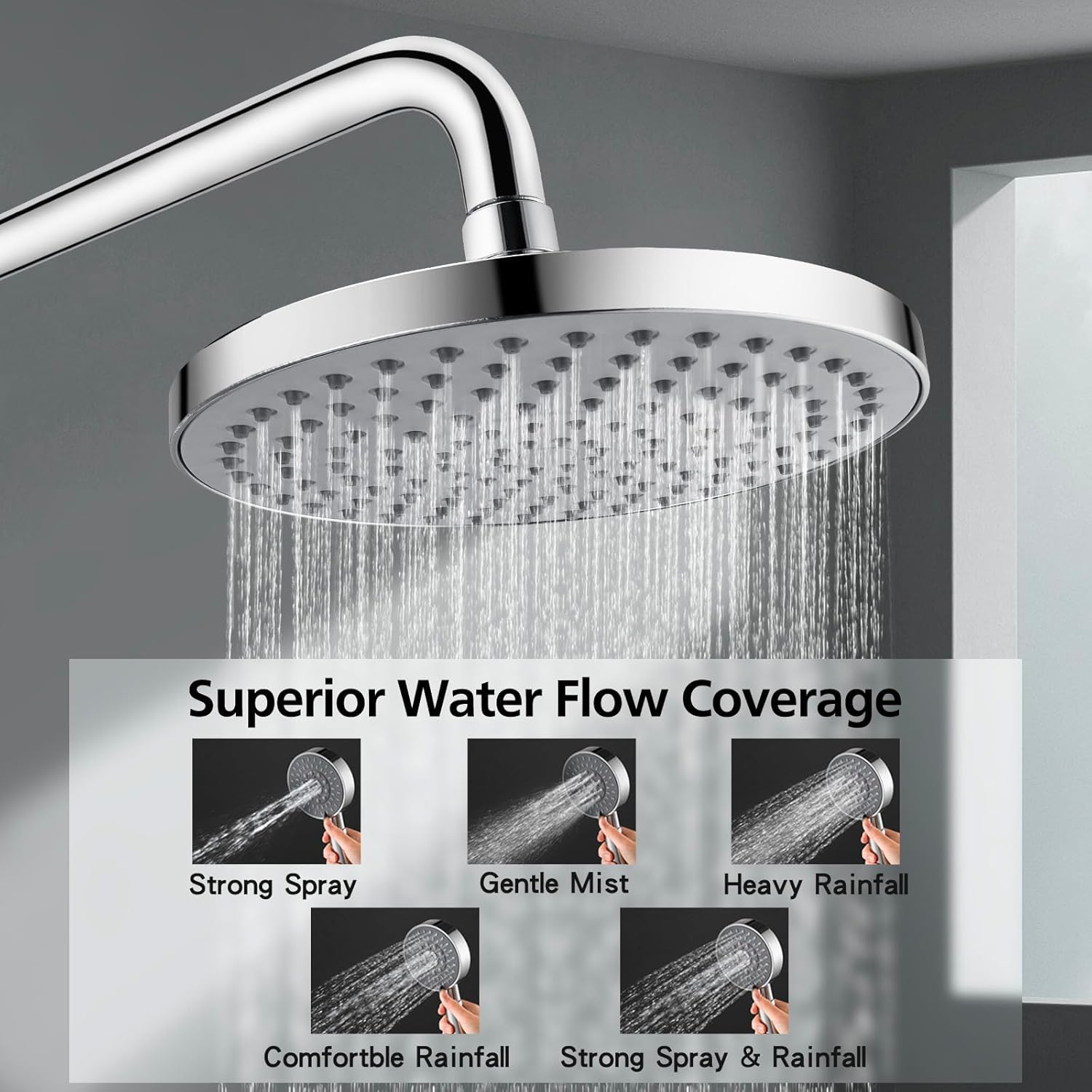 ACA International 8" High Pressure Shower Head 5-Mode Handheld Shower Spary 2 in 1 Shower Rail Diverter Gooseneck Arm Wall Mounted Bathroom Dual Rain Shower Head Set WELS (Chrome)