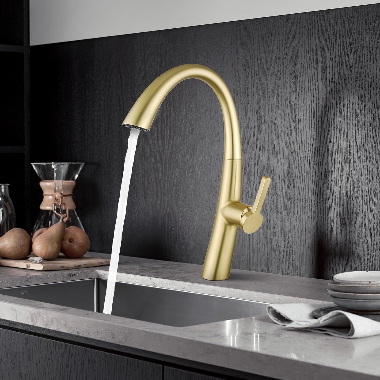 ACA International WELS Kitchen Mixer Tap High-Arc Kitchen Tap 2-Mode Spray Pull Out Kitchen Sink Taps Solid Brass (Brushed Gold)