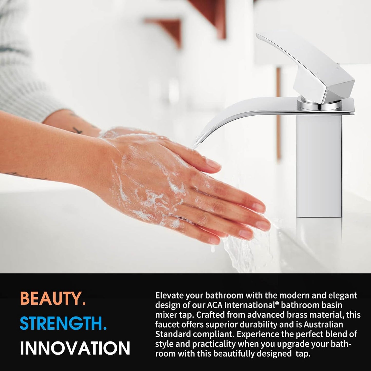 ACA International WELS Basin Mixer Tap Bathroom Square Waterfall Tap Faucet Laundry Vanity Sink Tap Faucet Brass(Chrome)