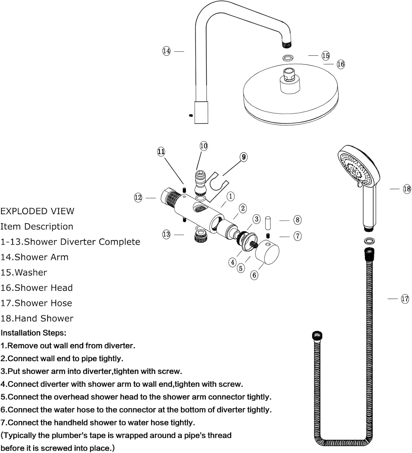 ACA International 10'' Rain Shower Head Set, Round 255mm Large Shower Head with 2 in 1 Shower Arm Rail and 3-Mode Handheld Spray, Bathroom Shower Set WELS Approved (Chrome)