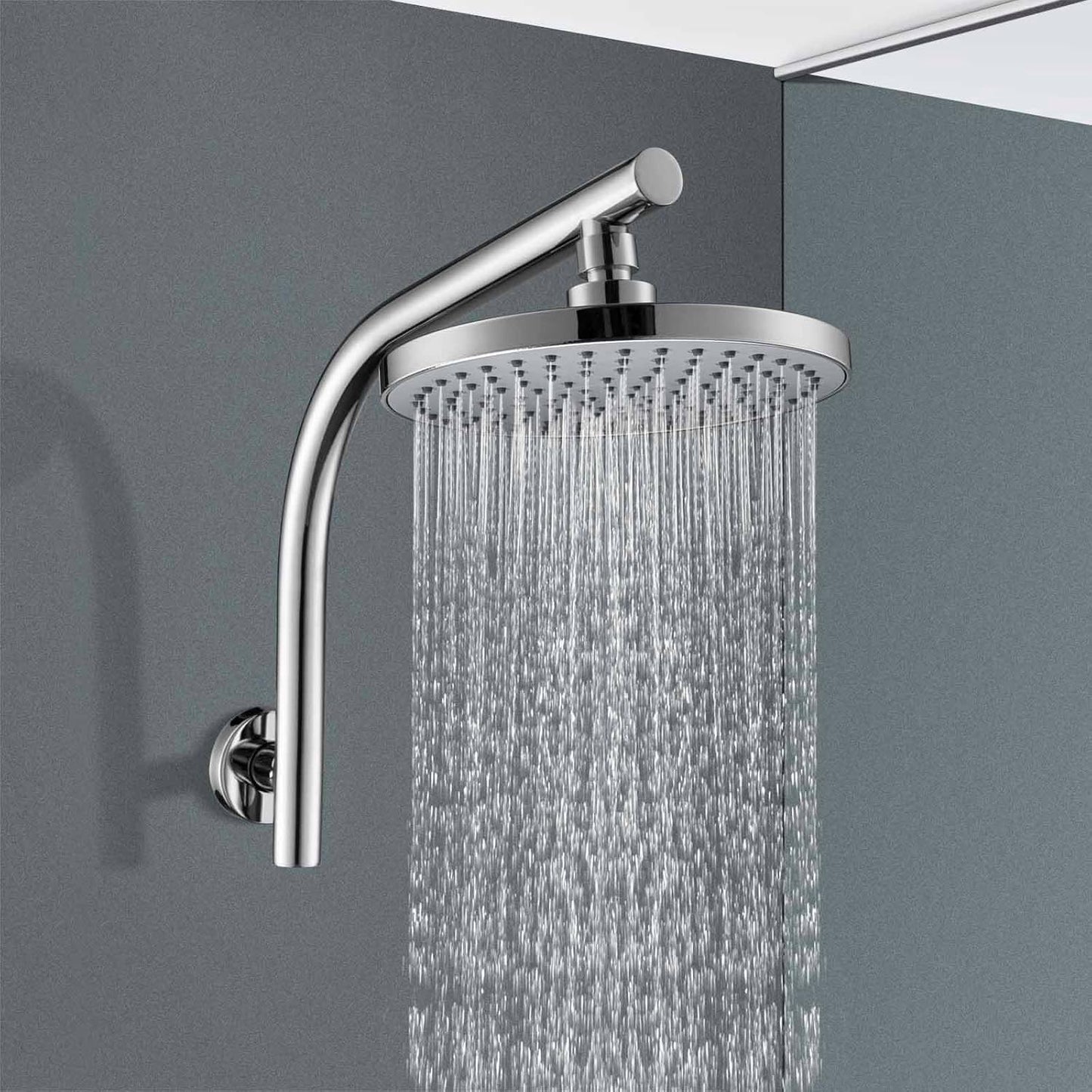 ACA International 8'' High Pressure Round Rain Shower Head Set Wall Mounted Shower Head Gooseneck Shower Arm Set Bathroom 304 Stainless Steel WELS (Polished Chrome)