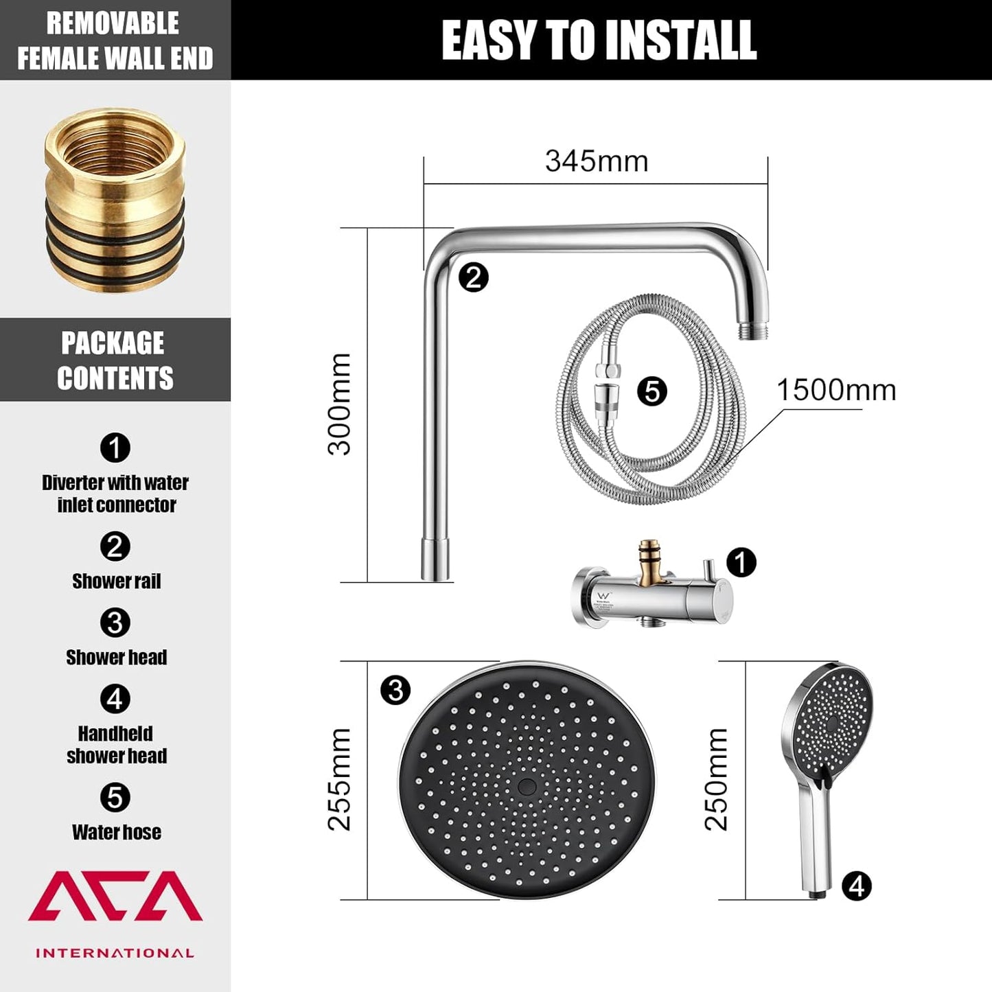 ACA International 10'' Rain Shower Head Set, Round 255mm Large Shower Head with 2 in 1 Shower Arm Rail and 3-Mode Handheld Spray, Bathroom Shower Set WELS Approved (Chrome)
