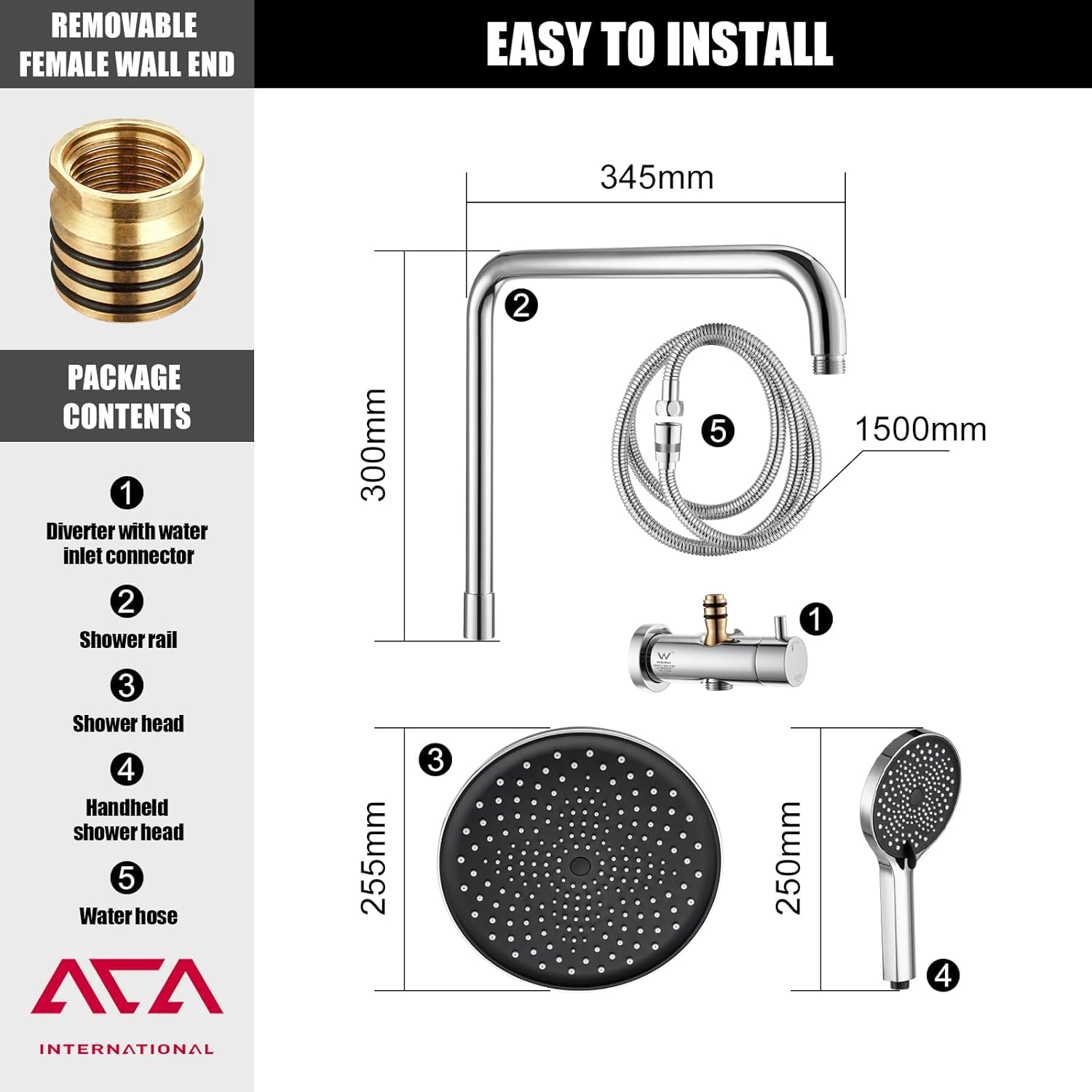 ACA International 10'' Rain Shower Head Set, Round 255mm Large Shower Head with 2 in 1 Shower Arm Rail and 3-Mode Handheld Spray, Bathroom Shower Set WELS Approved (Chrome)