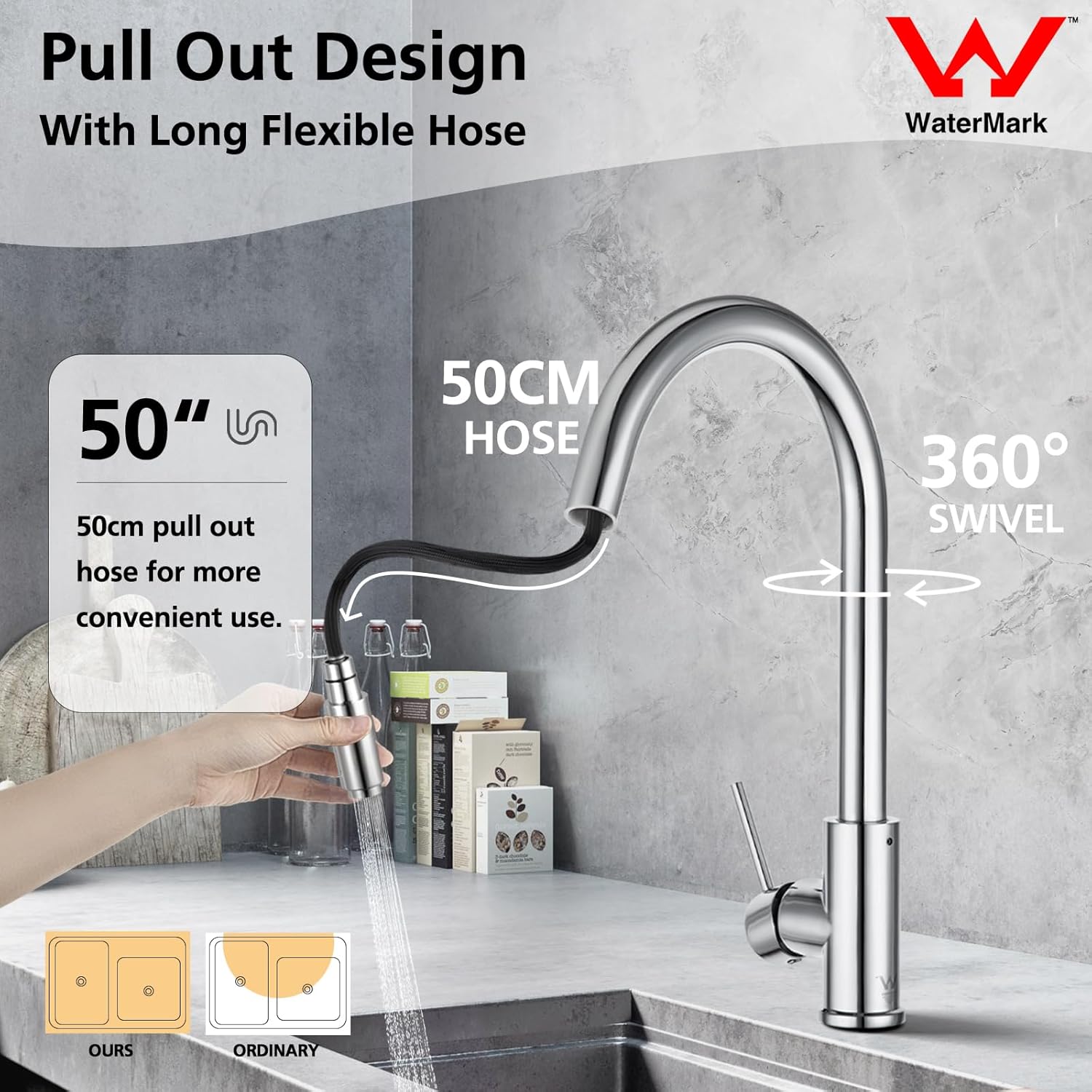 ACA International WELS Pull Out Kitchen Tap with Brass Spray Head, High Arc Gooseneck 360° Swivel Kitchen Mixer Tap Laundry Bar Faucet Taps(Chrome)