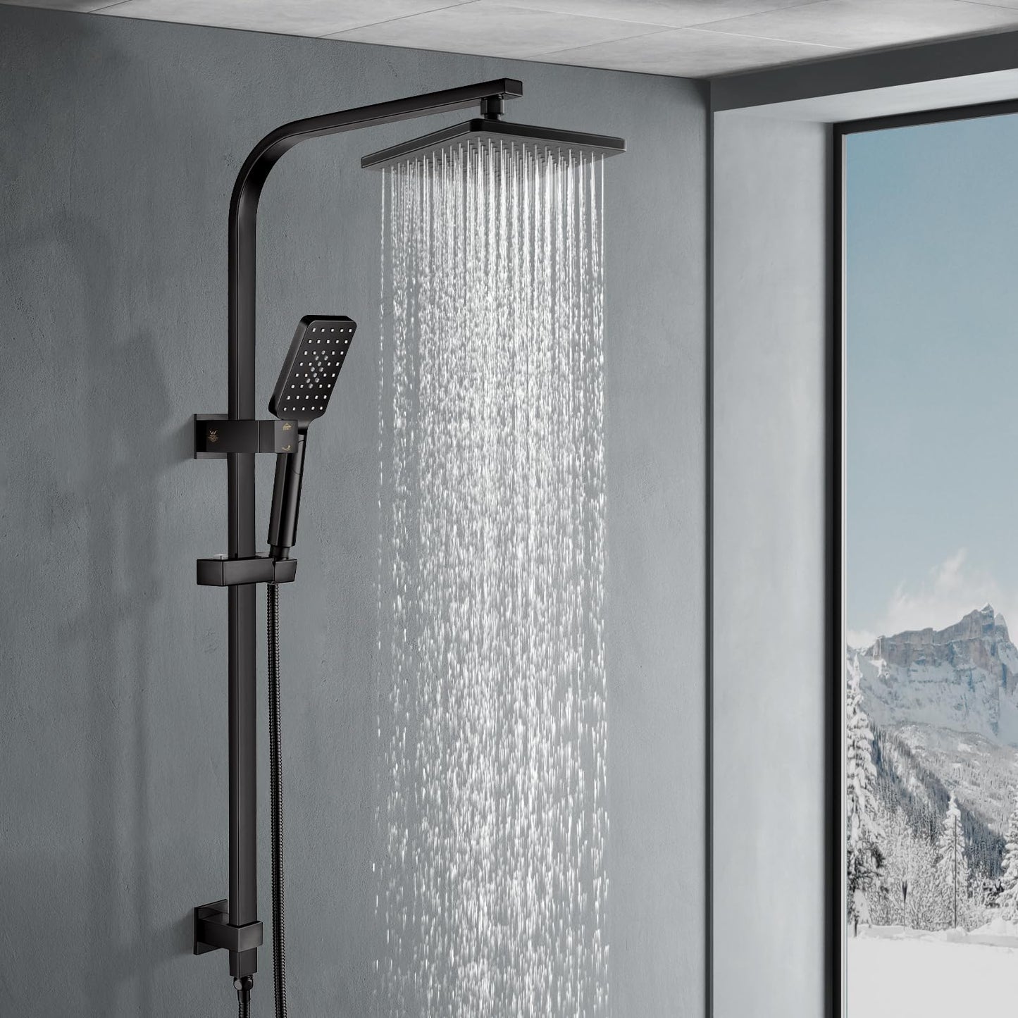ACA International 12" Ultrathin Rainfall High Pressure Shower Head Square Shower Rail Set 3-Mode Handheld Shower Set Rail Diverter (Black)