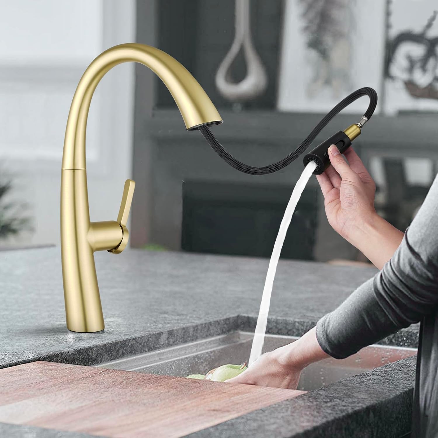ACA International WELS Kitchen Mixer Tap High-Arc Kitchen Tap 2-Mode Spray Pull Out Kitchen Sink Taps Solid Brass (Brushed Gold)