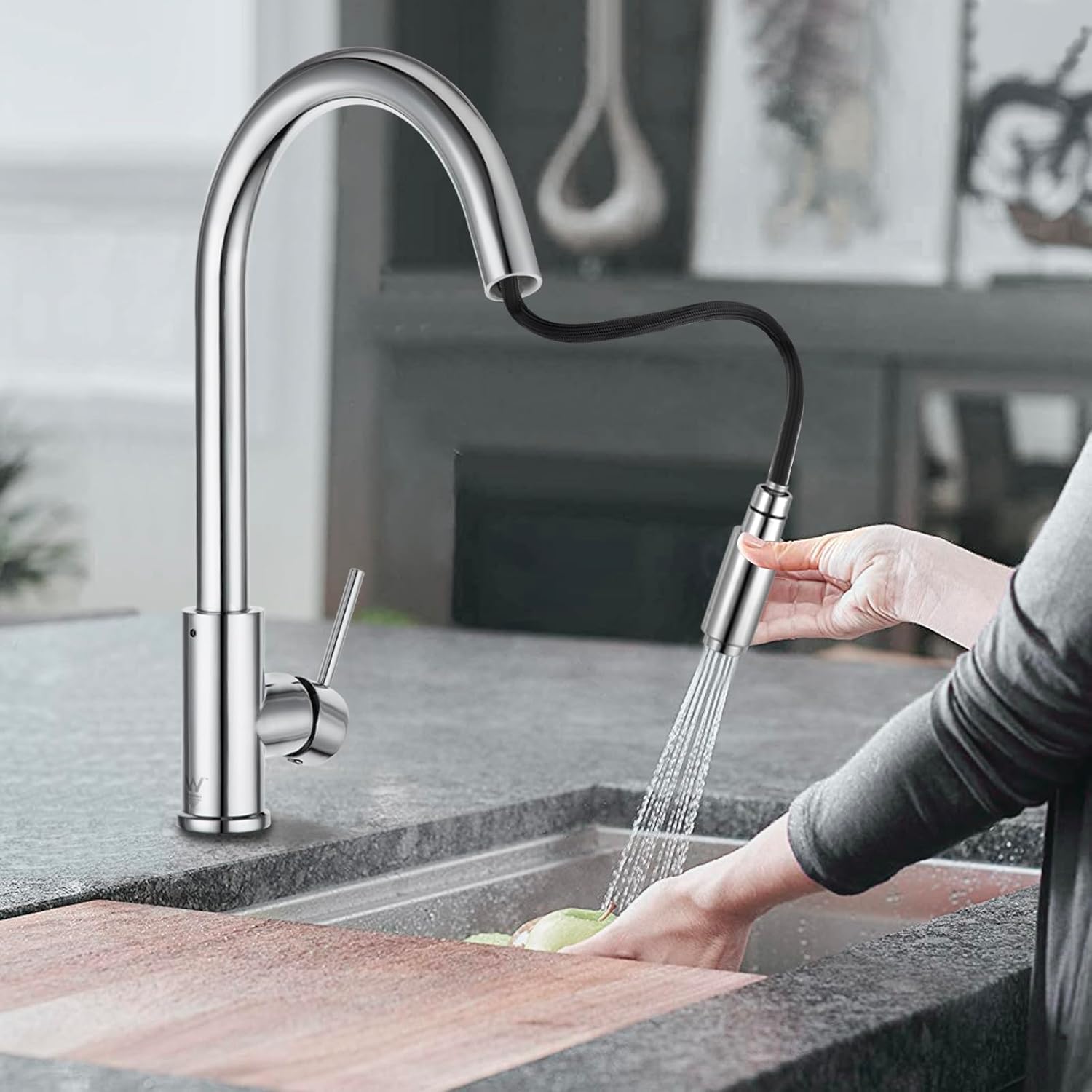 ACA International WELS Pull Out Kitchen Tap with Brass Spray Head, High Arc Gooseneck 360° Swivel Kitchen Mixer Tap Laundry Bar Faucet Taps(Chrome)