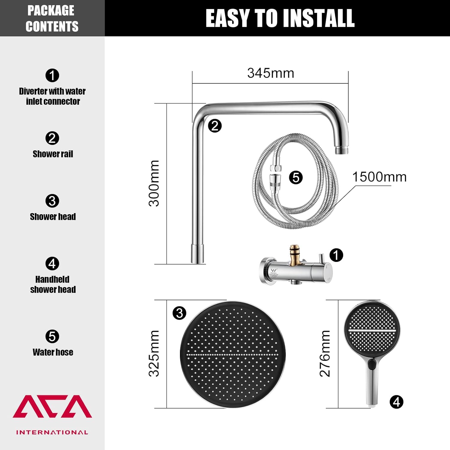 ACA International 13" Rain Shower Head 2 in 1 Round Shower Head Set Wall Mounted Shower Set 4-Mode Handheld Spary Bathroom WELS Approved (Chrome)