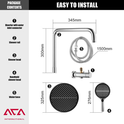 ACA International 13" Rain Shower Head 2 in 1 Round Shower Head Set Wall Mounted Shower Set 4-Mode Handheld Spary Bathroom WELS Approved (Chrome)