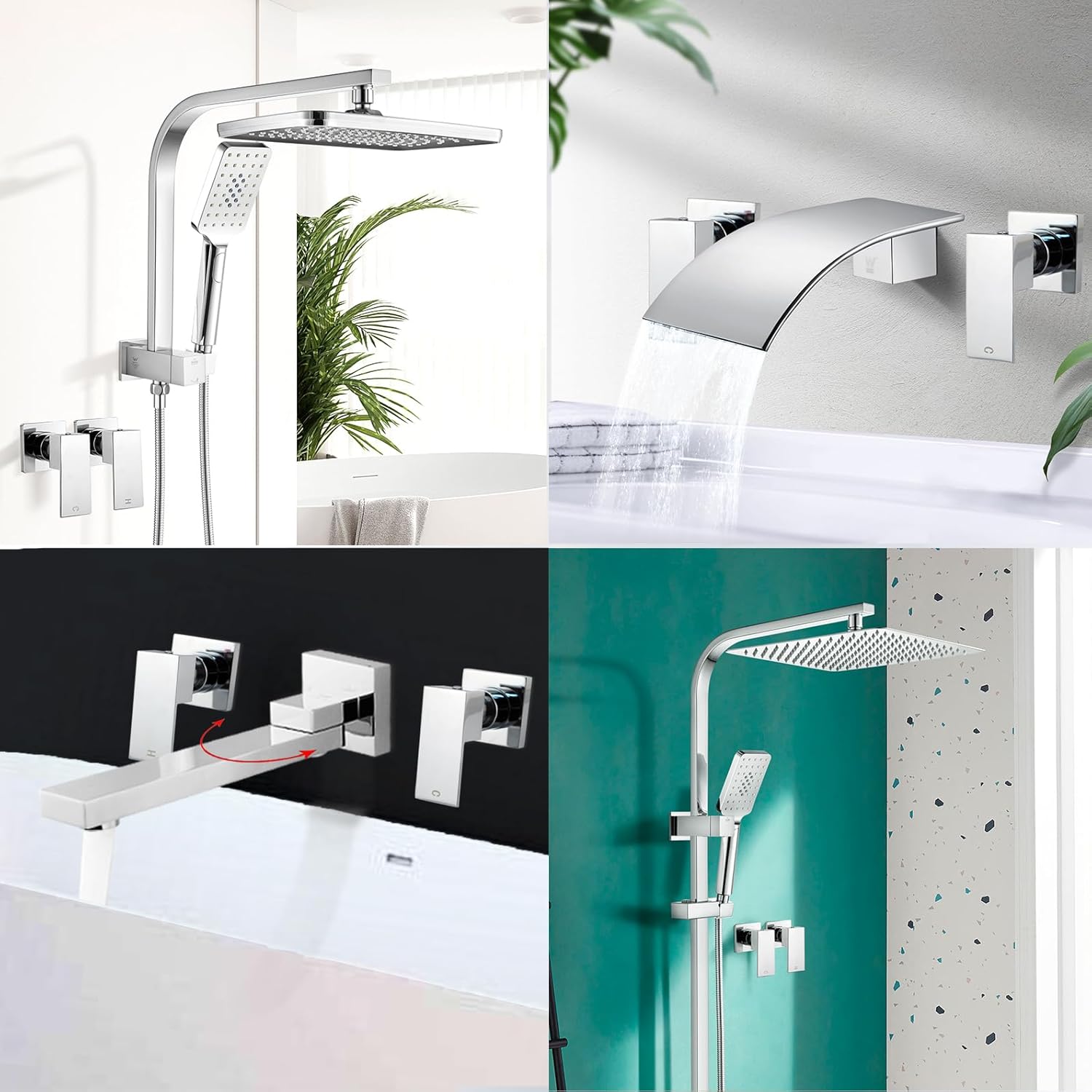 ACA International Square Bathroom Tap Set, 1/4 Turn Basin & Shower Mixer Tap with Twin Lever Handles, Wall Mounted Design in Polished Finish, Brass Construction with Watermark Certification (Chrome)