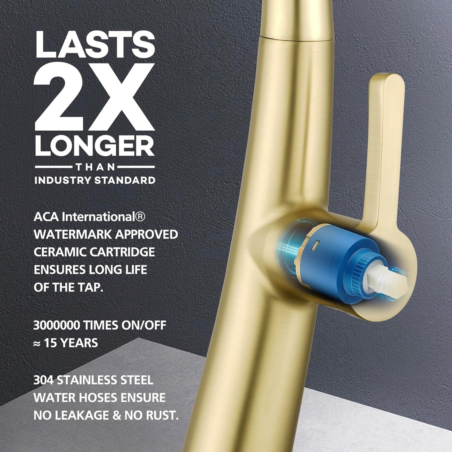 ACA International WELS Kitchen Mixer Tap High-Arc Kitchen Tap 2-Mode Spray Pull Out Kitchen Sink Taps Solid Brass (Brushed Gold)