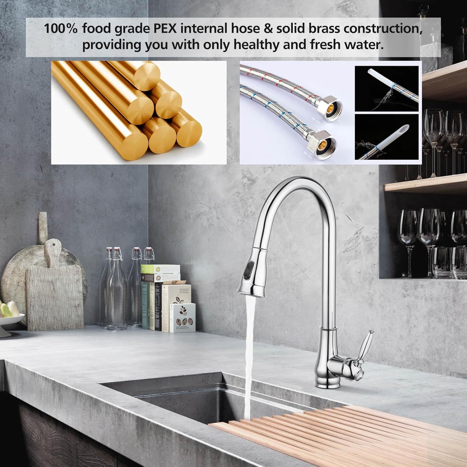 ACA International Rounded Euro Pull-Out Kitchen Mixer Tap with Pull Out Sprayer, 2-Mode Spray Kithcen Sink Tap 360° Swivel High Arc Laundry Sink Taps Faucet Solid Brass(Chrome)