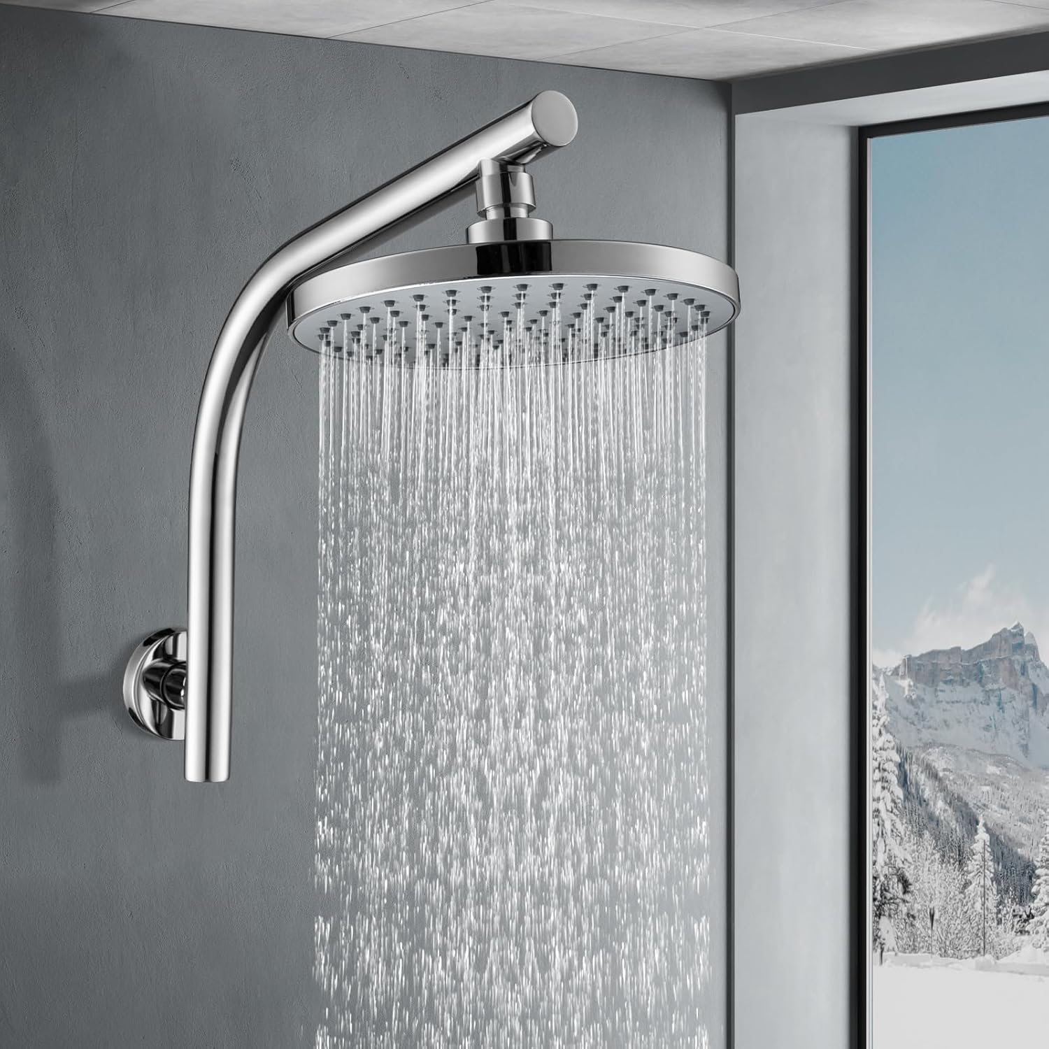 ACA International 8'' High Pressure Round Rain Shower Head Set Wall Mounted Shower Head Gooseneck Shower Arm Set Bathroom 304 Stainless Steel WELS (Polished Chrome)