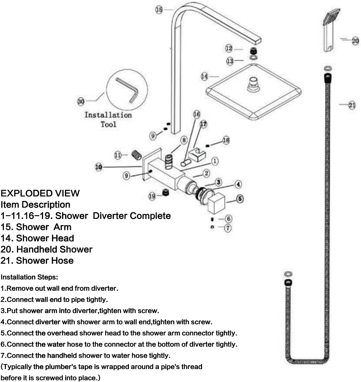 ACA International 12" Rectangle Extra Large High Pressure Shower Head Handheld Gooseneck Arm 2 in 1 Diverter Set, 3-Mode Handheld Shower Hand, Full Body Shower Set for Bathroom (Black)