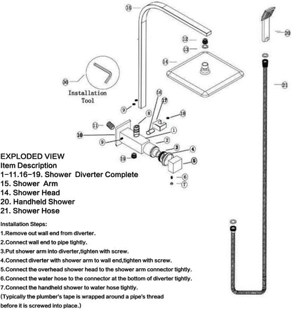 ACA International 12" Rectangle Extra Large High Pressure Shower Head Handheld Gooseneck Arm 2 in 1 Diverter Set, 3-Mode Handheld Shower Hand, Full Body Shower Set for Bathroom (Black)