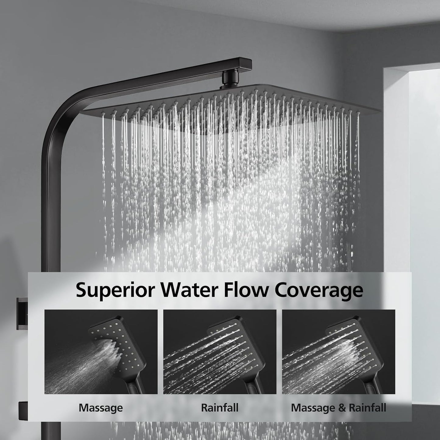 ACA International 12" Ultrathin Rainfall High Pressure Shower Head Square Shower Rail Set 3-Mode Handheld Shower Set Rail Diverter (Black)