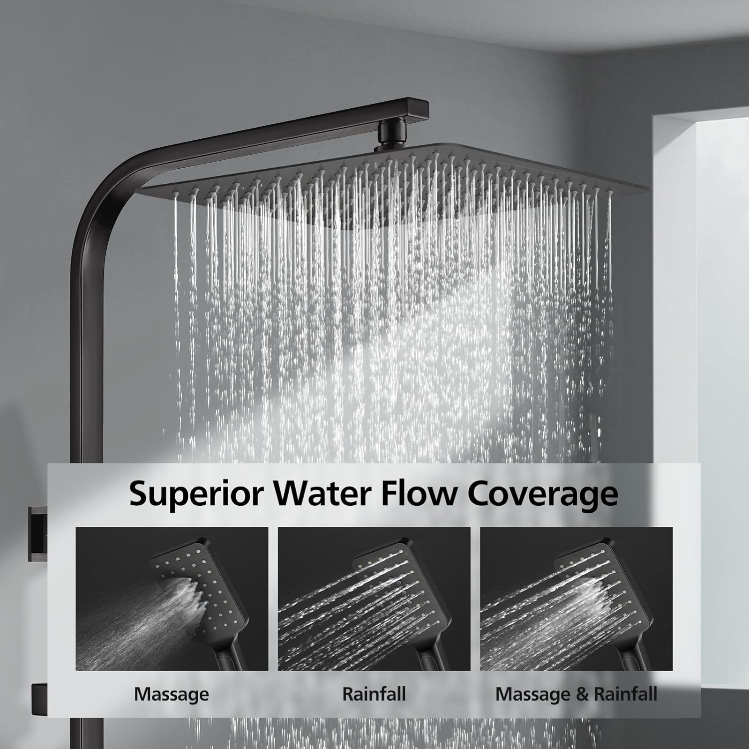ACA International 12" Ultrathin Rainfall High Pressure Shower Head Square Shower Rail Set 3-Mode Handheld Shower Set Rail Diverter (Black)
