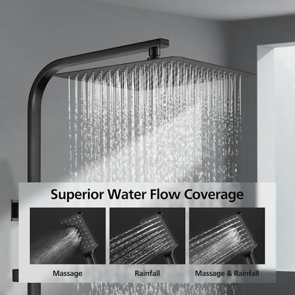ACA International 12" Ultrathin Rainfall High Pressure Shower Head Square Shower Rail Set 3-Mode Handheld Shower Set Rail Diverter (Black)
