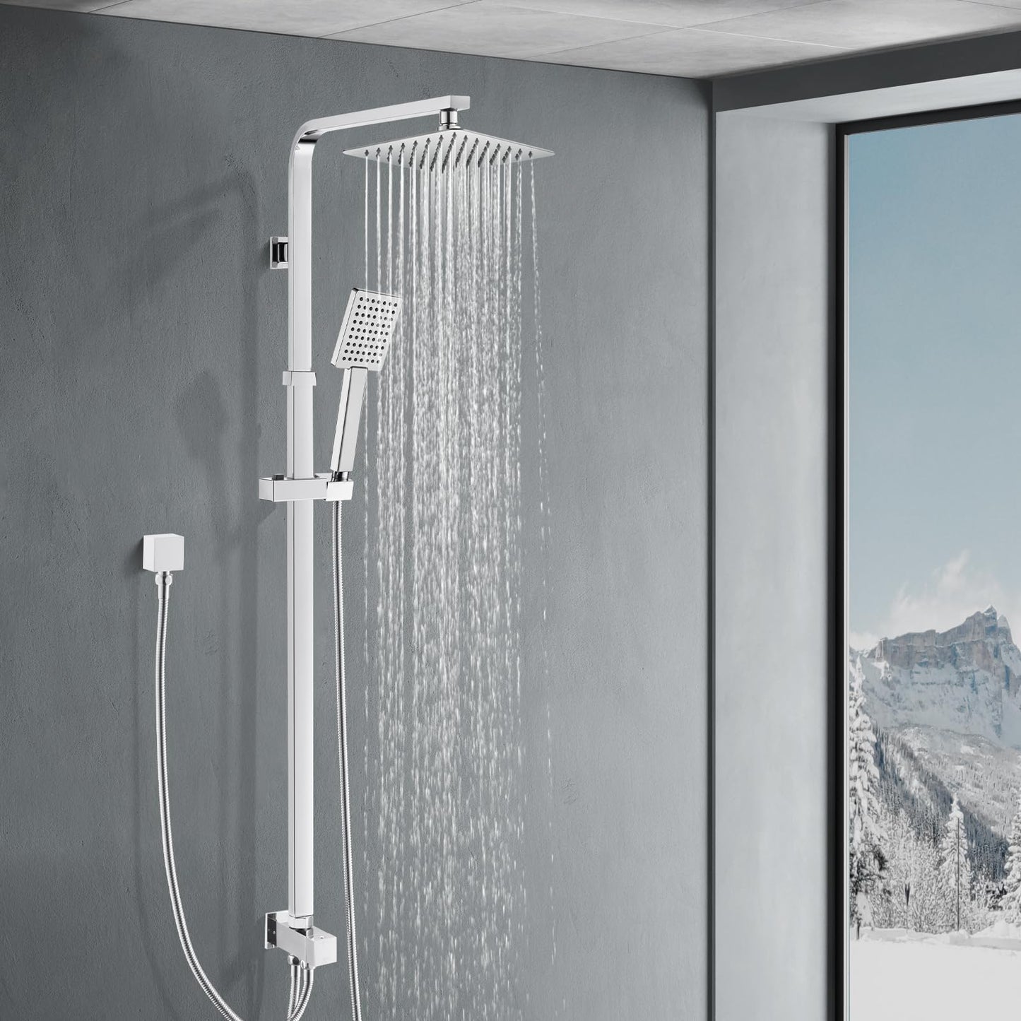 ACA International 200mm Rain High Shower Head Shower Head Set with Shower Tap, 8" Square Ultra-Thin Rain Shower Head Gooseneck Rail 2 in 1 Brass Diverter Bathroom(Matt Black)