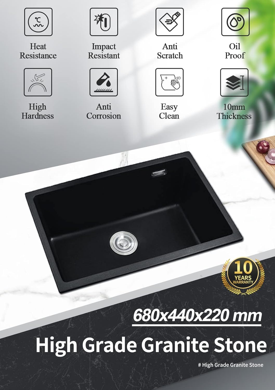 Black Granite Kitchen Sink Home Utility Kitchen Bar Sinks 680x440x220mm Single Bowl Granite Stone Kitchen Laundry Basin Sink Under/Top/Flush Mount with Waste Strainer AU(Black)