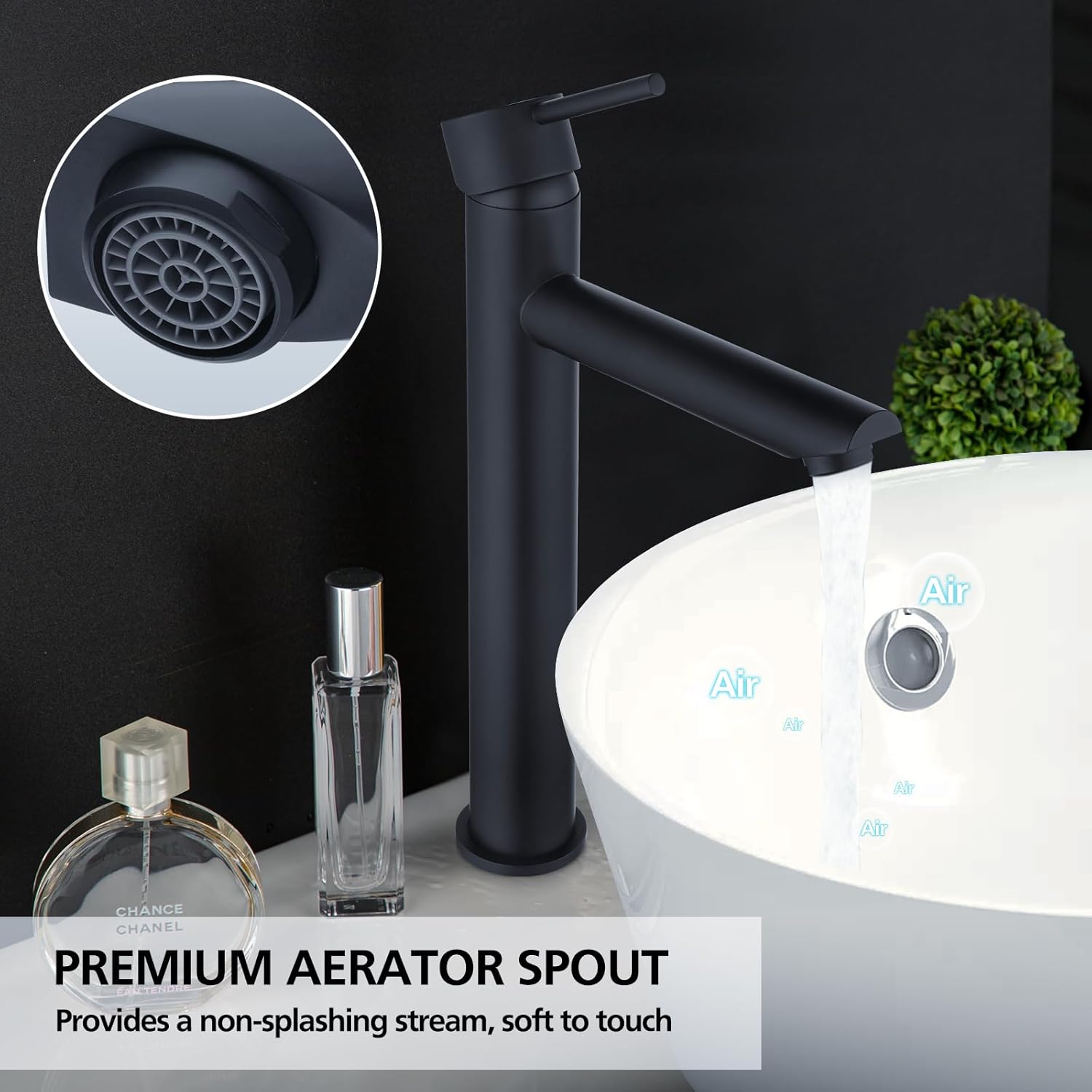 ACA International Tall Bathroom Tap Basin Mixer Tap Round Bathroom Sink Tap Faucet Solid Brass(Matt Black)