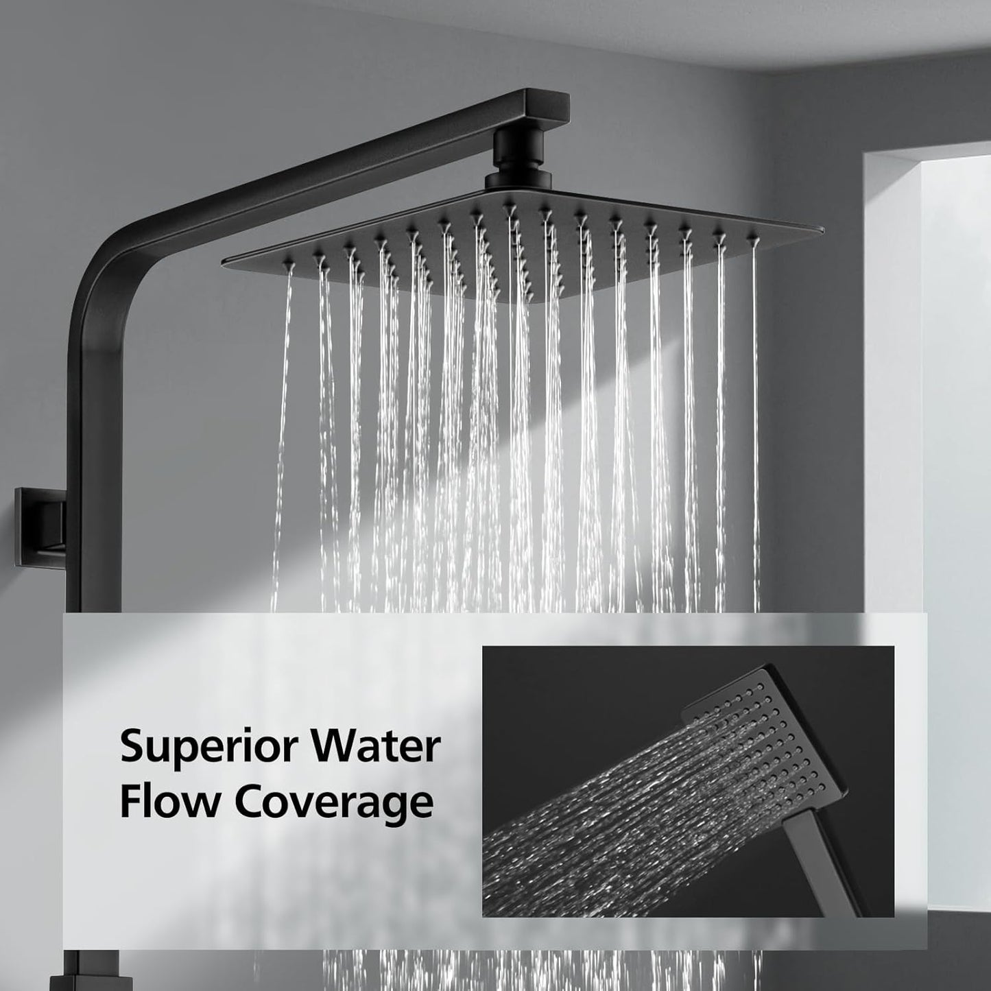 ACA International 200mm Rain High Shower Head Shower Head Set with Shower Tap, 8" Square Ultra-Thin Rain Shower Head Gooseneck Rail 2 in 1 Brass Diverter Bathroom(Matt Black)