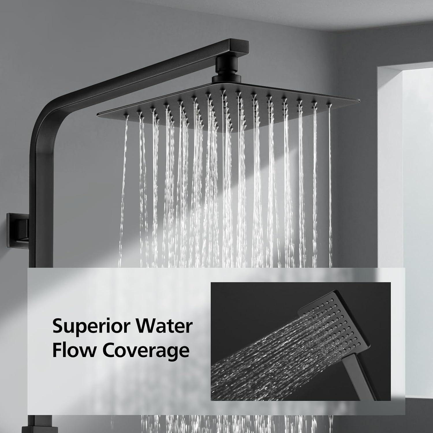 ACA International 200mm Rain High Shower Head Shower Head Set with Shower Tap, 8" Square Ultra-Thin Rain Shower Head Gooseneck Rail 2 in 1 Brass Diverter Bathroom(Matt Black)