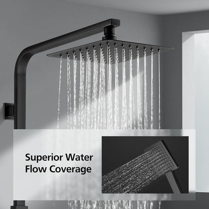 ACA International 200mm Rain High Shower Head Shower Head Set with Shower Tap, 8" Square Ultra-Thin Rain Shower Head Gooseneck Rail 2 in 1 Brass Diverter Bathroom(Matt Black)