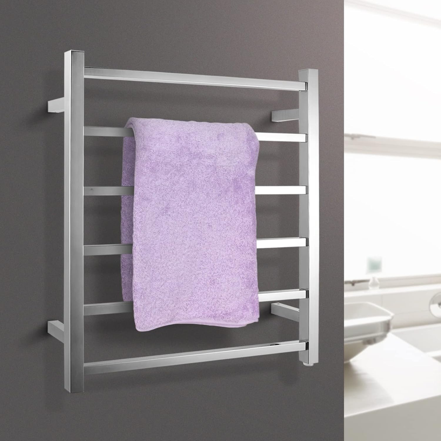 SAA Heated Towel Rack Wall Mounted Electric Towel Warmer Stainless Steel Heated Towel Rail Bathroom Towel Clothes Dryer Holder Waterproof Switch IP55 6 Rungs Square (Chrome)