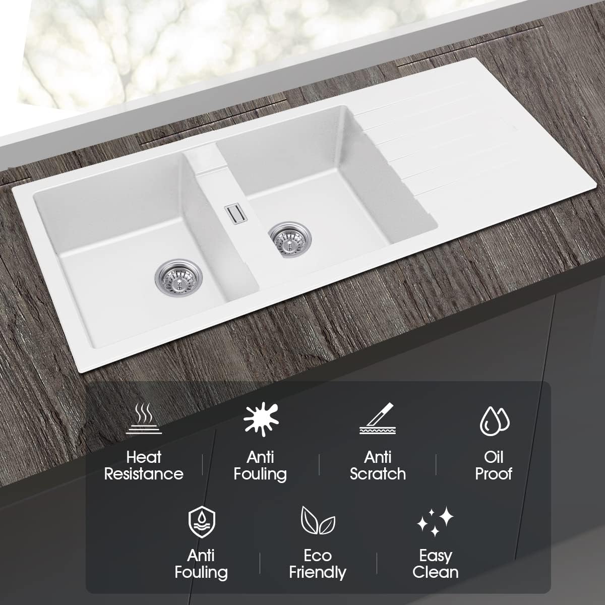 Kitchen Sink Stone Sink 1160x500mm Granite Stone Sink Double Bowel Sink with Drainboard 90mm Strainer Waste Kitchen Laundry Bar Basin Sink(Cream White)