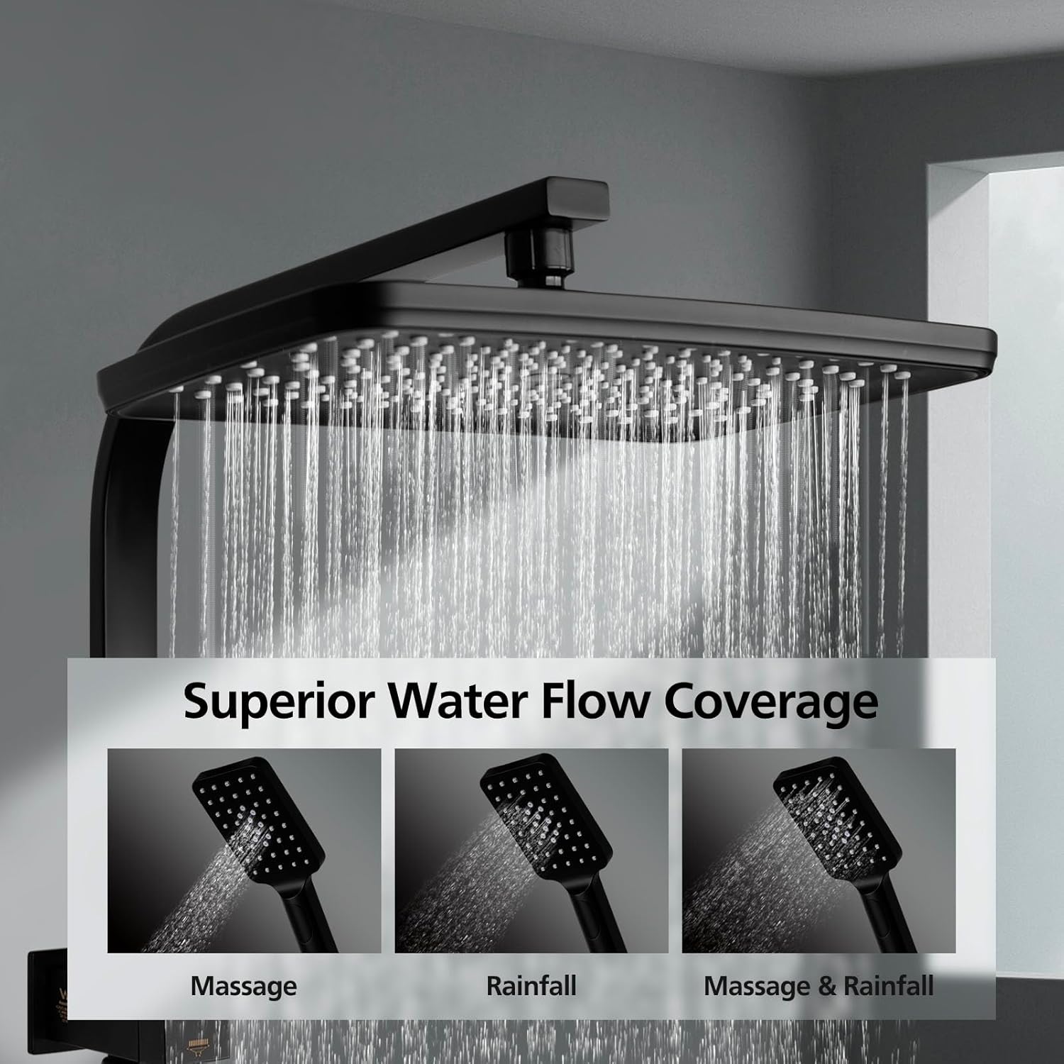 ACA International 12" Rectangle Extra Large High Pressure Shower Head Handheld Gooseneck Arm 2 in 1 Diverter Set, 3-Mode Handheld Shower Hand, Full Body Shower Set for Bathroom (Black)