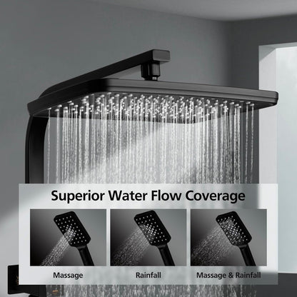 ACA International 12" Rectangle Extra Large High Pressure Shower Head Handheld Gooseneck Arm 2 in 1 Diverter Set, 3-Mode Handheld Shower Hand, Full Body Shower Set for Bathroom (Black)