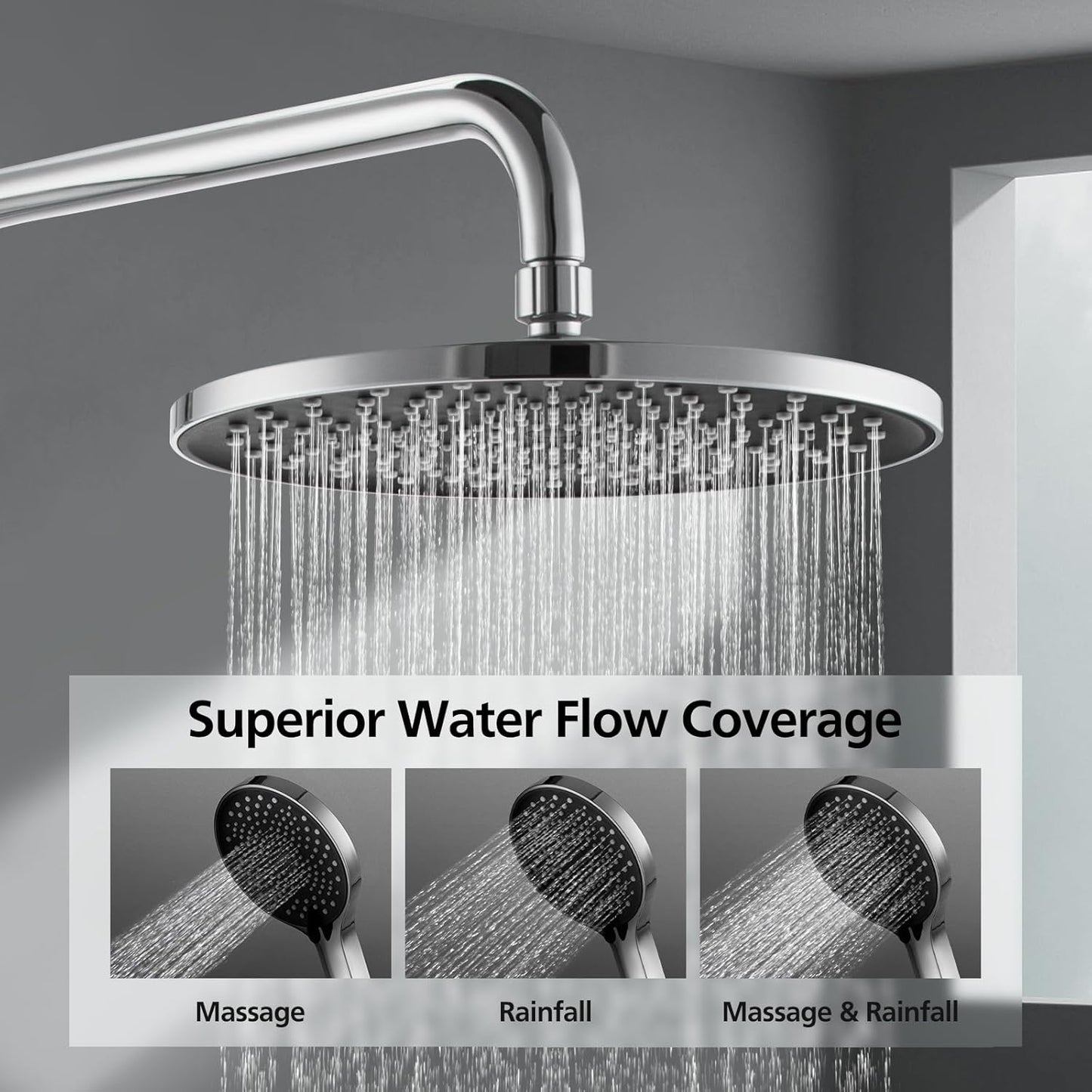 ACA International 10'' Rain Shower Head Set, Round 255mm Large Shower Head with 2 in 1 Shower Arm Rail and 3-Mode Handheld Spray, Bathroom Shower Set WELS Approved (Chrome)