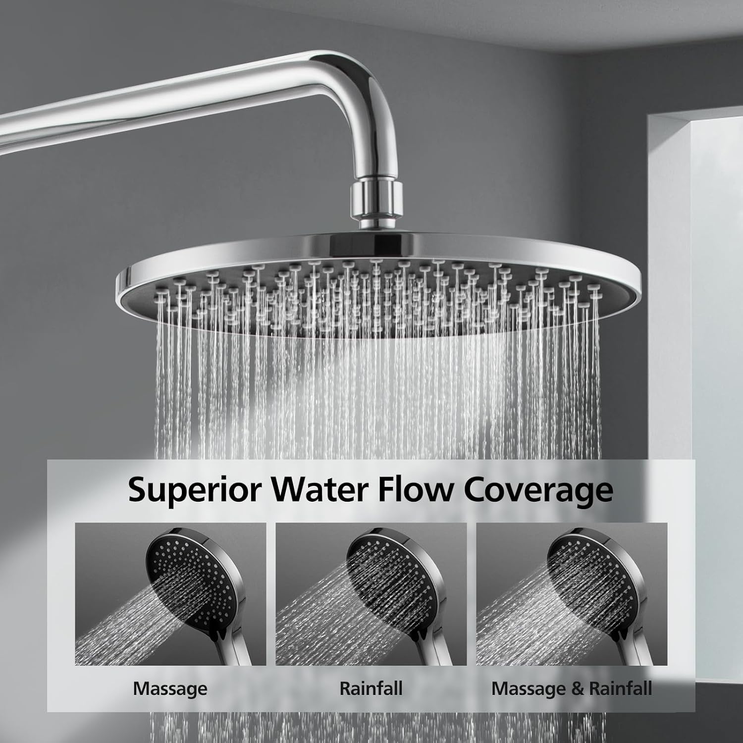 ACA International 10'' Rain Shower Head Set, Round 255mm Large Shower Head with 2 in 1 Shower Arm Rail and 3-Mode Handheld Spray, Bathroom Shower Set WELS Approved (Chrome)