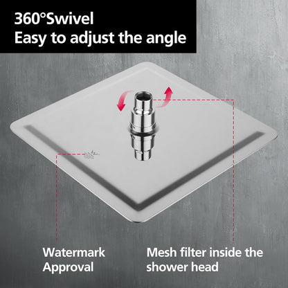 ACA International 12'' Rain High Pressure Shower Head Square Stainless Steel Large Rainfall Overhead 300mm Metal Ultra Thin WELS (Chrome)