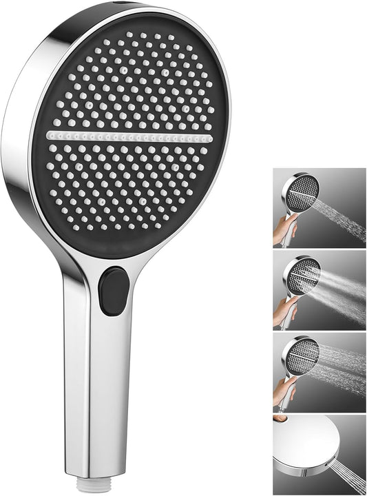 ACA International 4 Functions Handheld Shower Head, Round 6-Inch Handheld Showerheads with Fliter, Rain Massage Mist Power Wash Spary Shower for Bathroom, WELS Approved (Chrome)