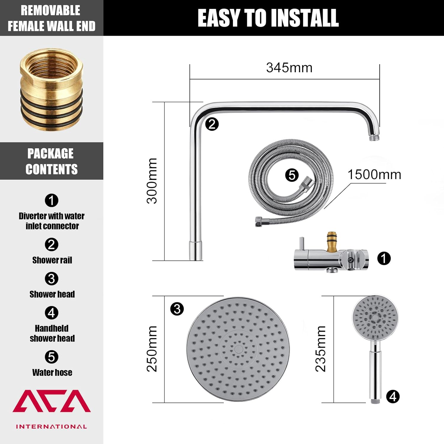 ACA International 8" High Pressure Shower Head 5-Mode Handheld Shower Spary 2 in 1 Shower Rail Diverter Gooseneck Arm Wall Mounted Bathroom Dual Rain Shower Head Set WELS (Chrome)