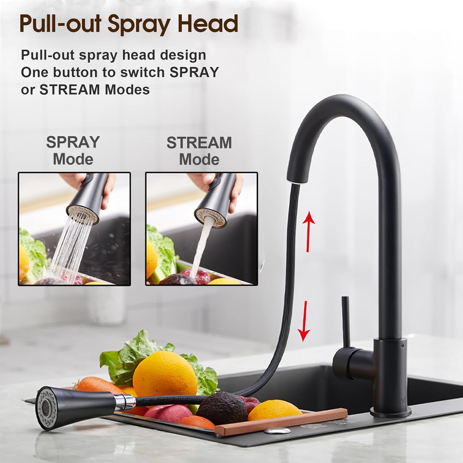 ACA International WELS Kitchen Mixer Tap 2-Mode Spray Pull Out Spout Kitchen Laundry Sink Bar Faucet Tap Basin Mixer Brass Faucet Kitchen Tap(Matt Black)