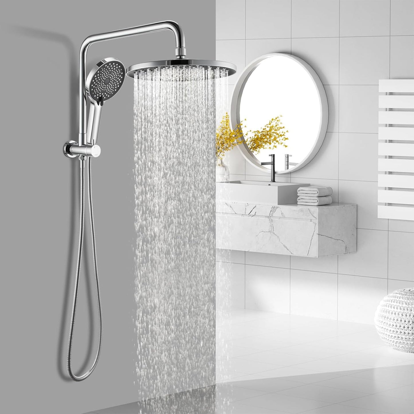ACA International 10'' Rain Shower Head Set, Round 255mm Large Shower Head with 2 in 1 Shower Arm Rail and 3-Mode Handheld Spray, Bathroom Shower Set WELS Approved (Chrome)