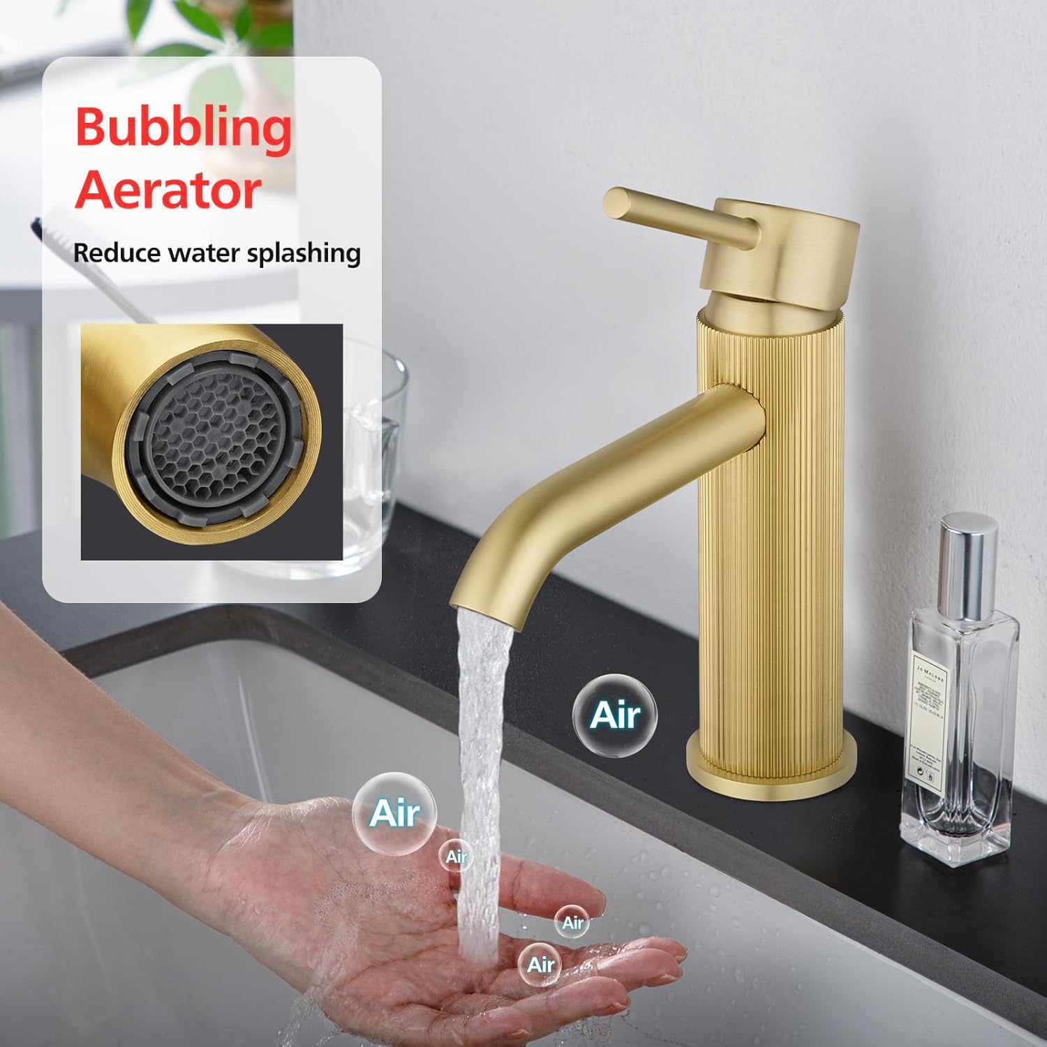 WELS Bathroom Tap, Bathroom Mixer tap Rounded Bathroon Sink Tap Basin Tap Vanity Tap Faucet Solid Brass Brushed Gold