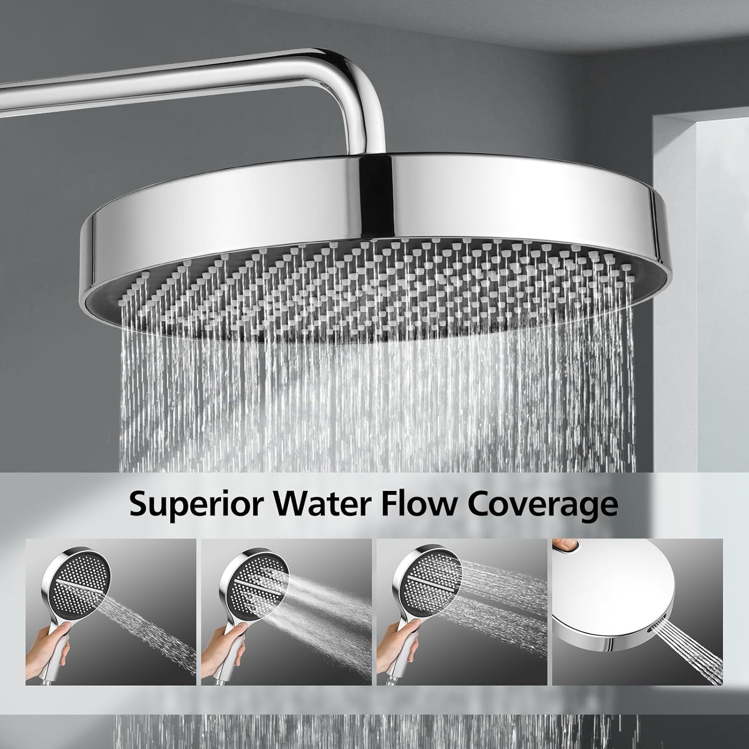 ACA International 13" Rain Shower Head 2 in 1 Round Shower Head Set Wall Mounted Shower Set 4-Mode Handheld Spary Bathroom WELS Approved (Chrome)