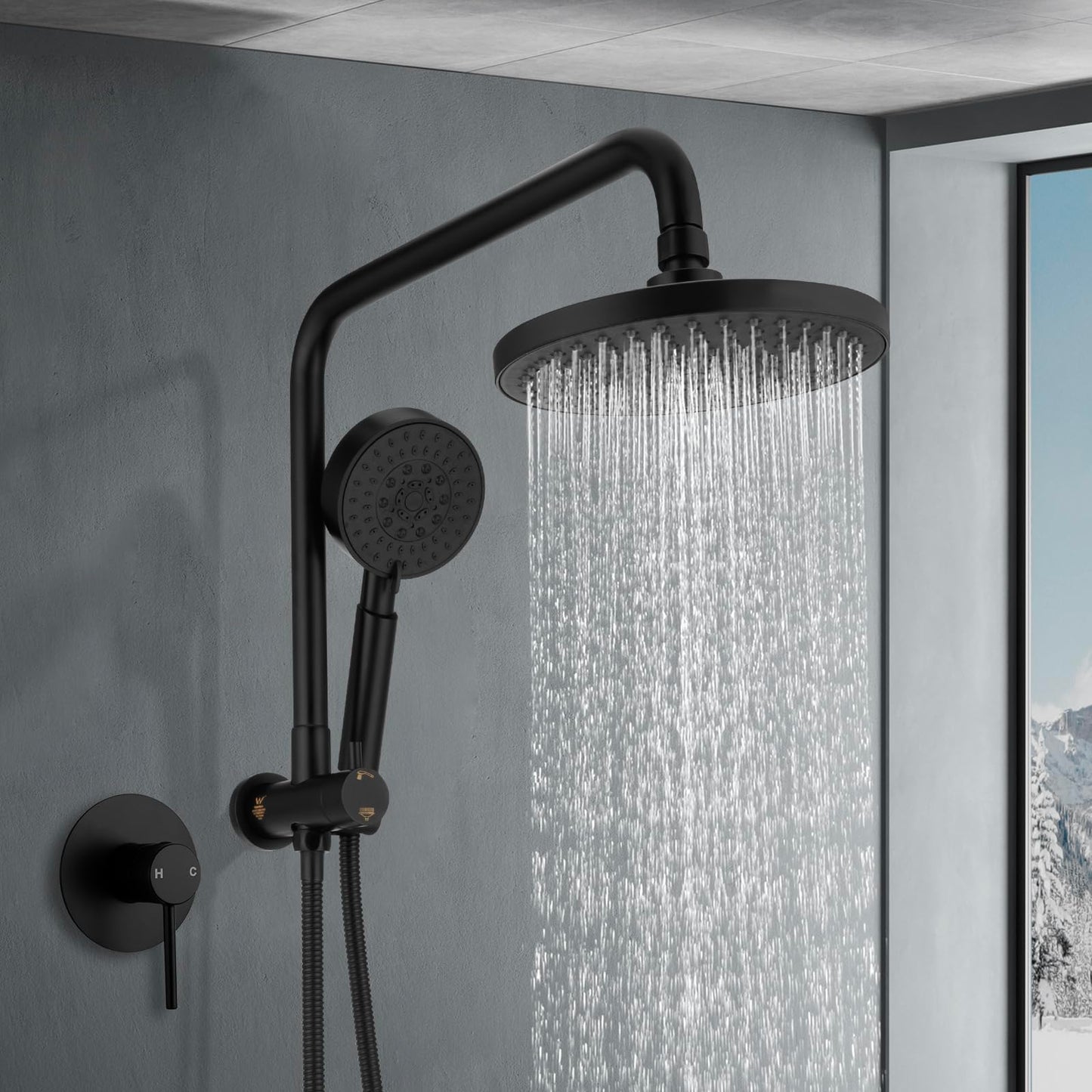 ACA International 8" High Pressure Shower Head 5-Mode Handheld Shower Spary 2 in 1 Shower Rail Diverter Gooseneck Arm Wall Mounted Bathroom Dual Rain Shower Head Set WELS (Chrome)