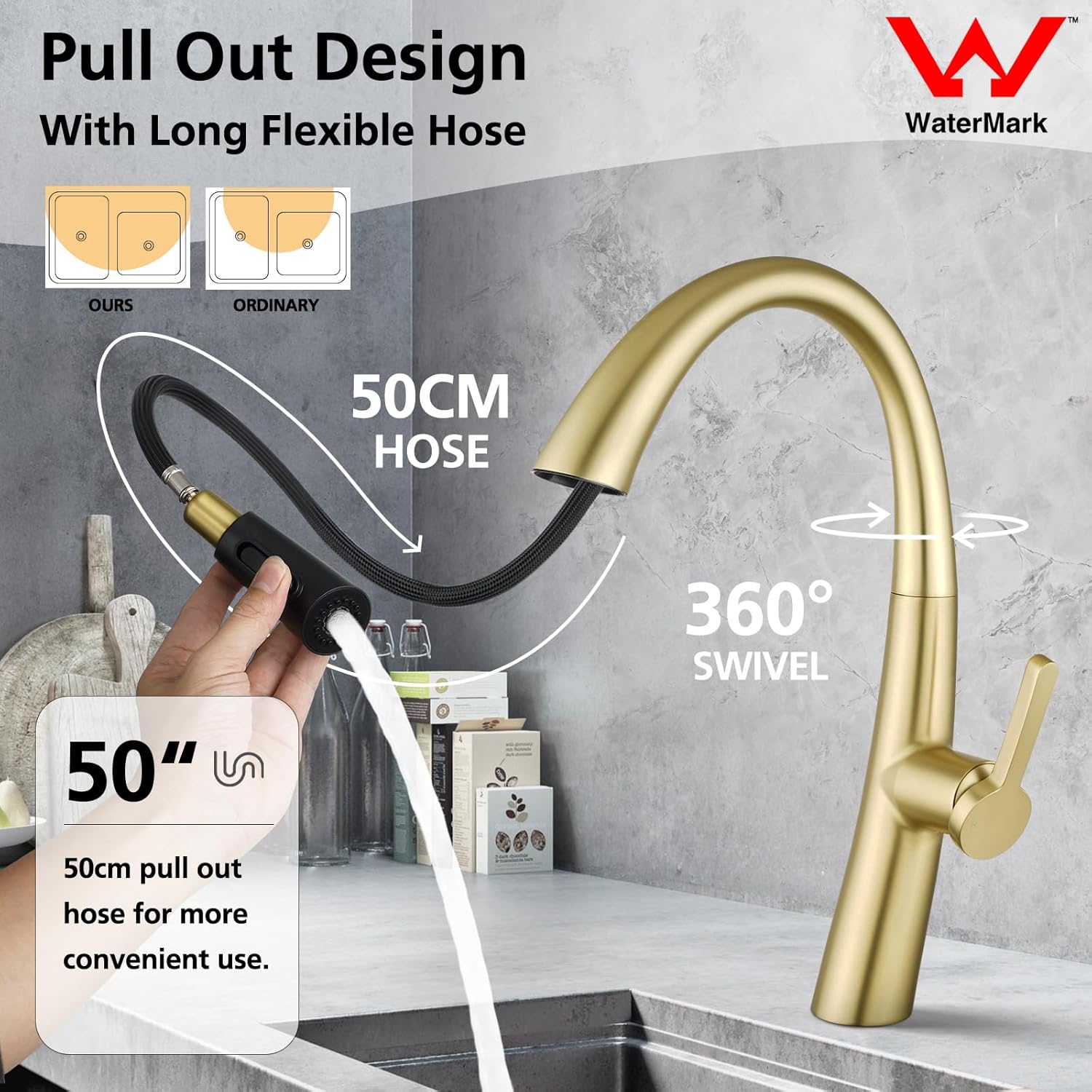 ACA International WELS Kitchen Mixer Tap High-Arc Kitchen Tap 2-Mode Spray Pull Out Kitchen Sink Taps Solid Brass (Brushed Gold)