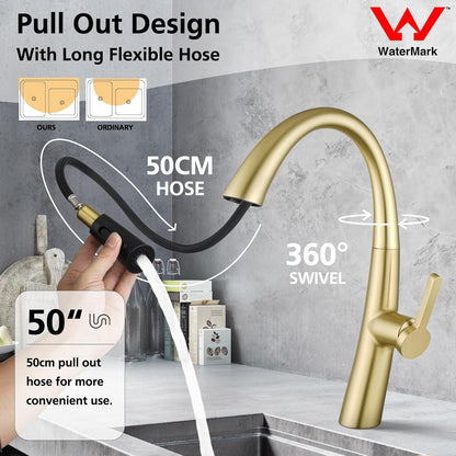 ACA International WELS Kitchen Mixer Tap High-Arc Kitchen Tap 2-Mode Spray Pull Out Kitchen Sink Taps Solid Brass (Brushed Gold)