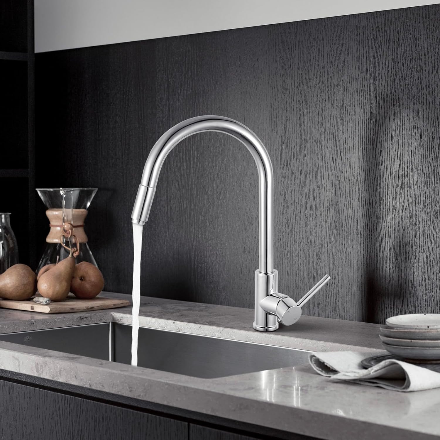 ACA International WELS Pull Out Kitchen Tap with Brass Spray Head, High Arc Gooseneck 360° Swivel Kitchen Mixer Tap Laundry Bar Faucet Taps(Chrome)