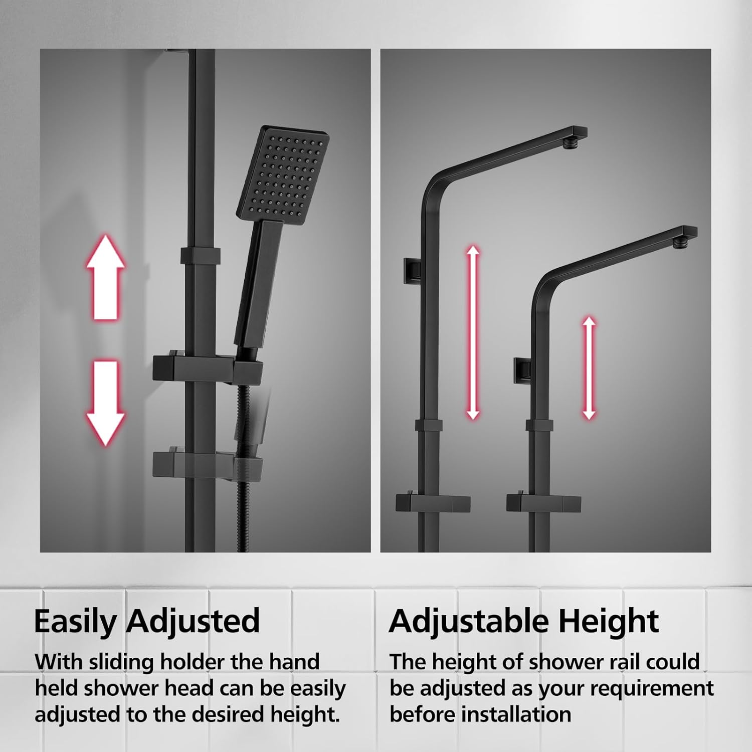 ACA International 200mm Rain High Shower Head Shower Head Set with Shower Tap, 8" Square Ultra-Thin Rain Shower Head Gooseneck Rail 2 in 1 Brass Diverter Bathroom(Matt Black)