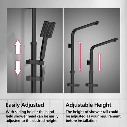 ACA International 200mm Rain High Shower Head Shower Head Set with Shower Tap, 8" Square Ultra-Thin Rain Shower Head Gooseneck Rail 2 in 1 Brass Diverter Bathroom(Matt Black)